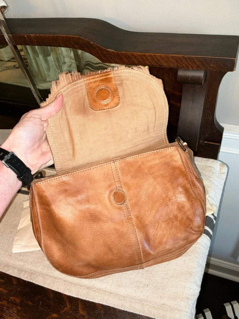 NWT Bed Stu Leather Eastend Fringe Crossbody Bag Tan Dip Dyed Retail $165